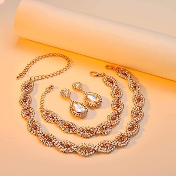 Golden Crystal Necklace Set CZ Cubic Rhinestone Necklace Bracelet Earrings Set - Picture 2 of 4